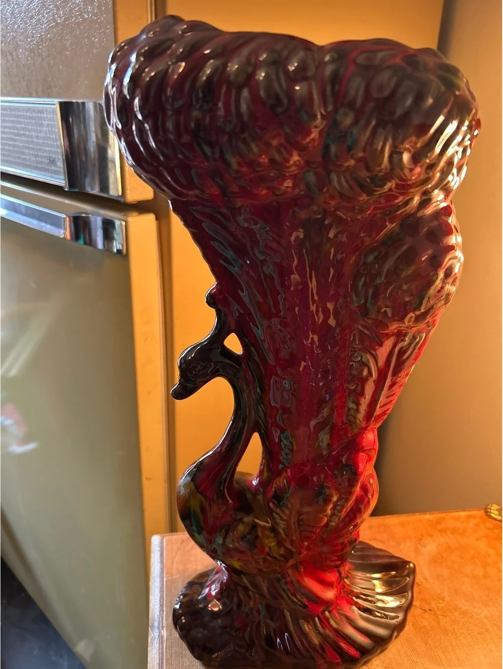 Vintage Red Ceramic Peacock Vase Figurine